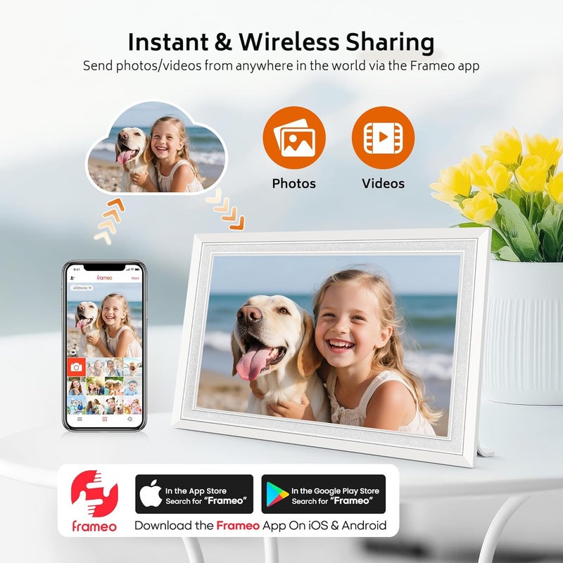 BIGASUO Frameo 10.1" Digital Picture Frame with 32GB Memory White WiFi Electronic Photo Frame 1280 x 800 IPS HD Touch Screen Auto-Rotate Slideshow Wall Mountable Share Photos/Video Remotely Anywhere - Image 2